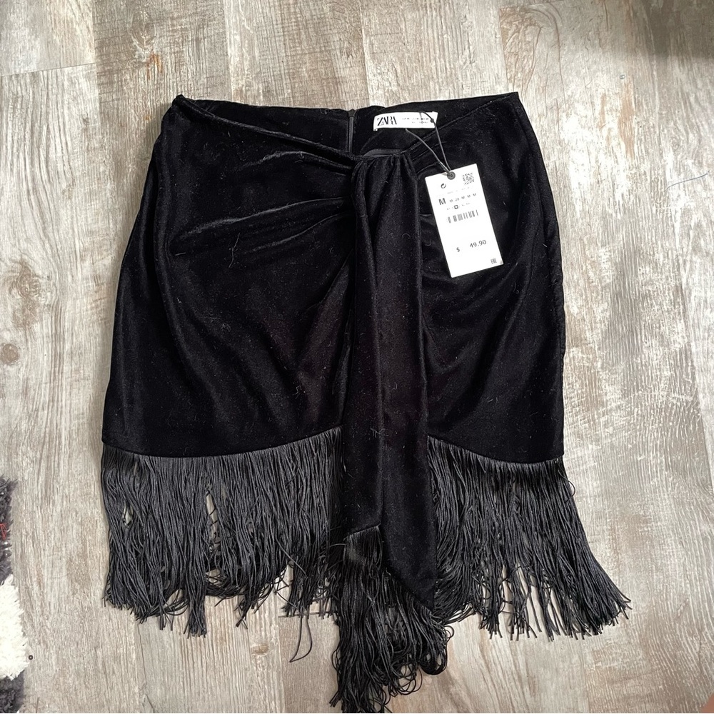 NWT Zara fringe velvet midi skirt